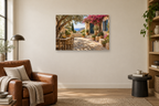 Cyprus Courtyard — horizontal canvas in a reading corner, full original artwork