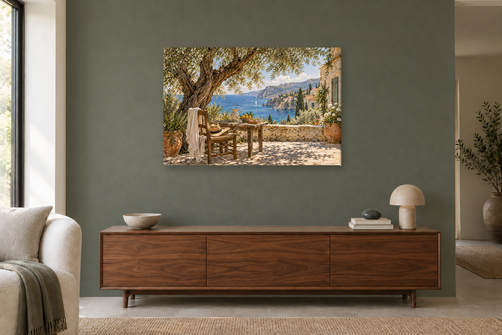 Mediterranean Siesta — horizontal canvas in a living room, full original artwork