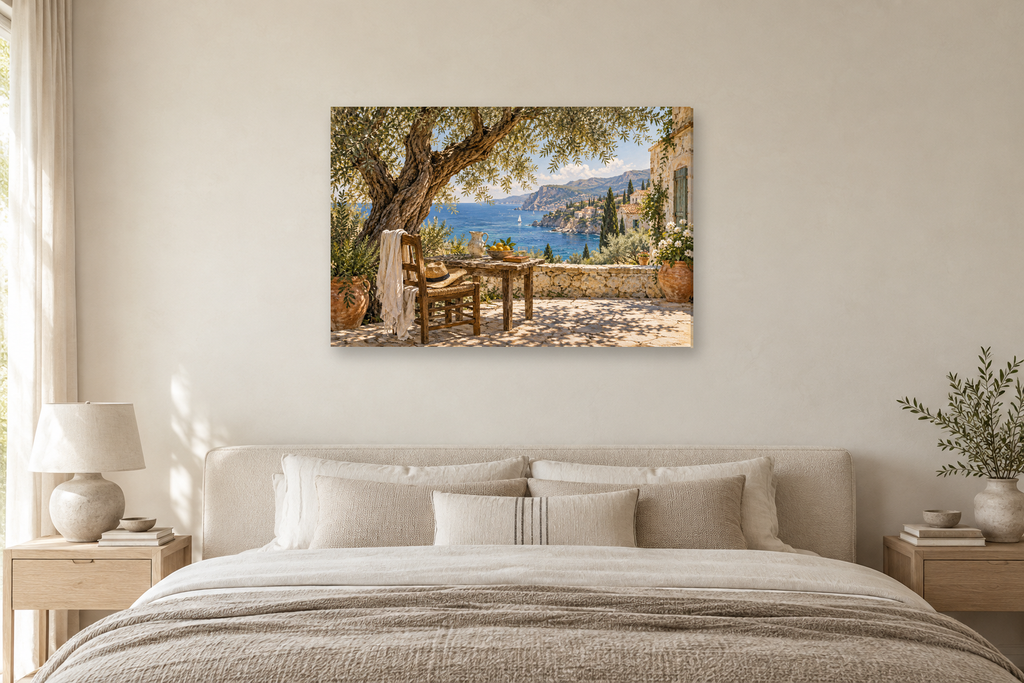Mediterranean Siesta — horizontal canvas in a bedroom, full original artwork
