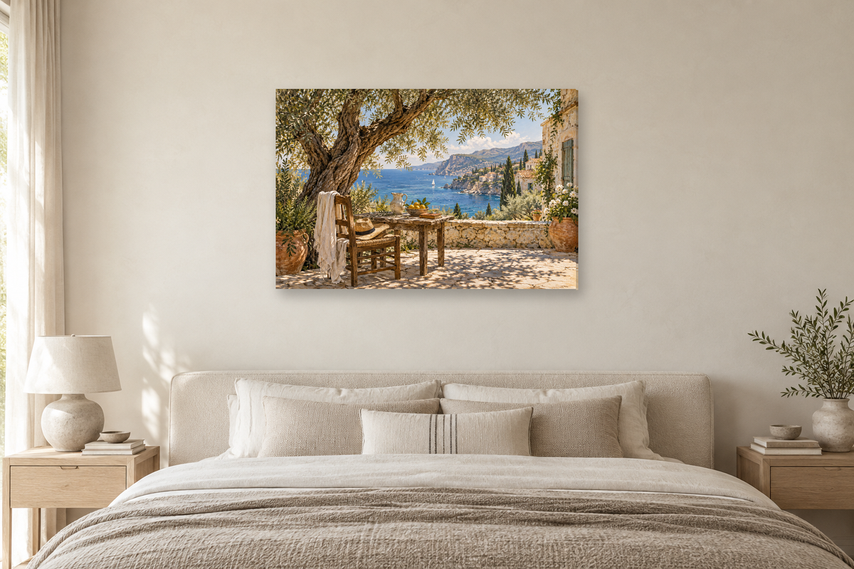 Mediterranean Siesta — horizontal canvas in a bedroom, full original artwork
