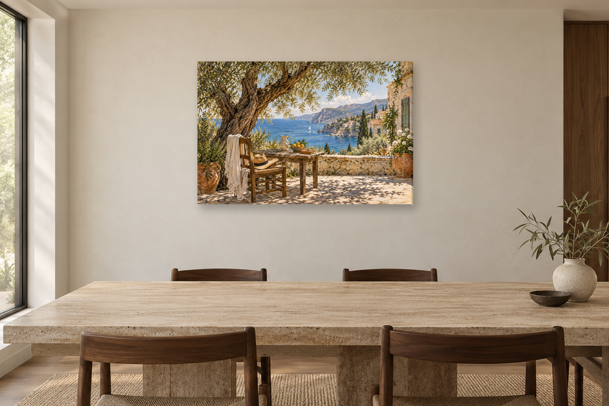Mediterranean Siesta — horizontal canvas in a dining room, full original artwork
