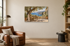 Mediterranean Siesta — horizontal canvas in a reading corner, full original artwork