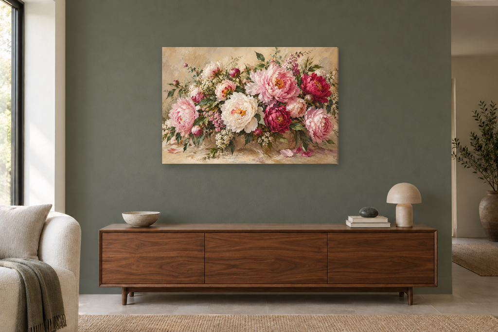 Peony Celebration — horizontal canvas in a living room, full original artwork