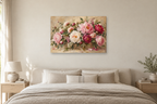 Peony Celebration — horizontal canvas in a bedroom, full original artwork