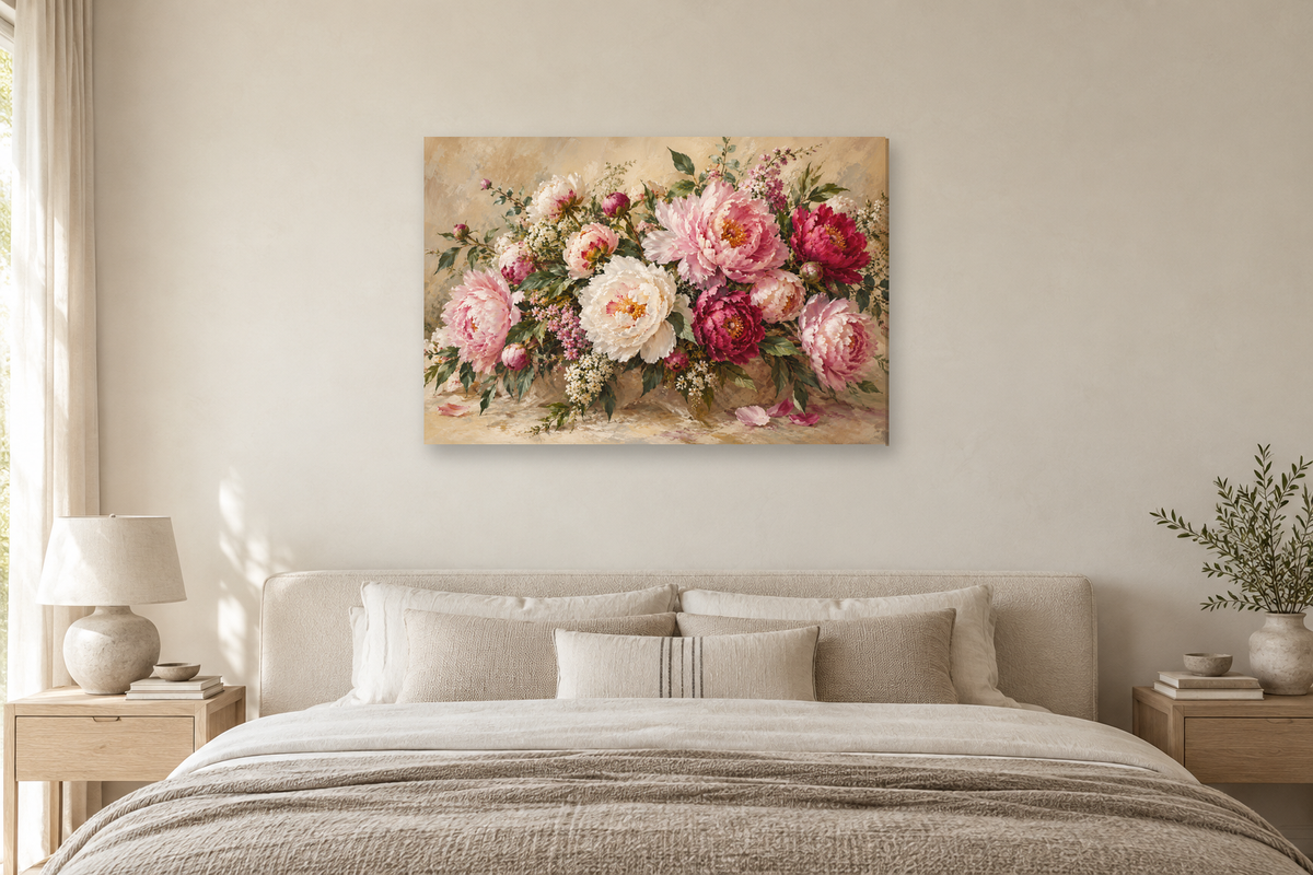 Peony Celebration — horizontal canvas in a bedroom, full original artwork