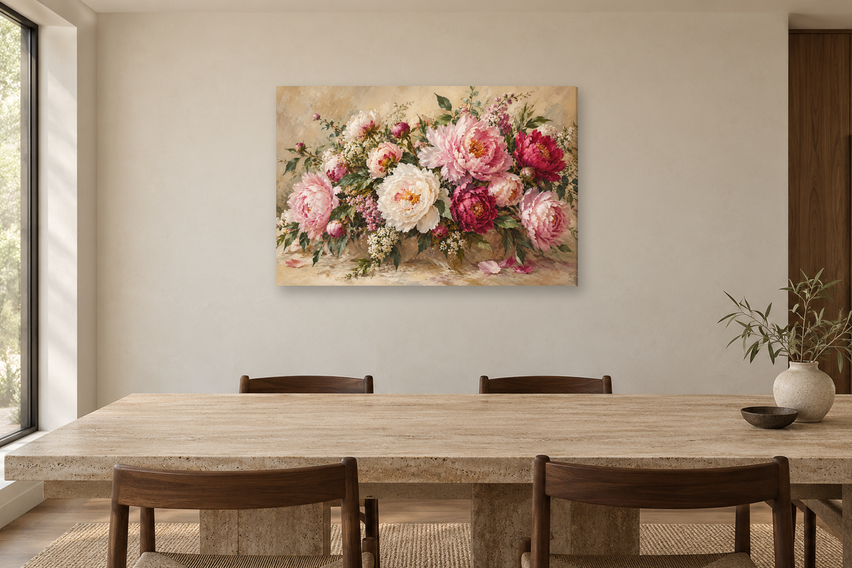 Peony Celebration — horizontal canvas in a dining room, full original artwork