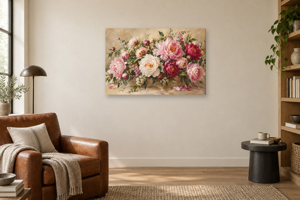 Peony Celebration — horizontal canvas in a reading corner, full original artwork