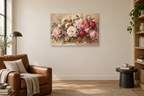Peony Celebration — horizontal canvas in a reading corner, full original artwork