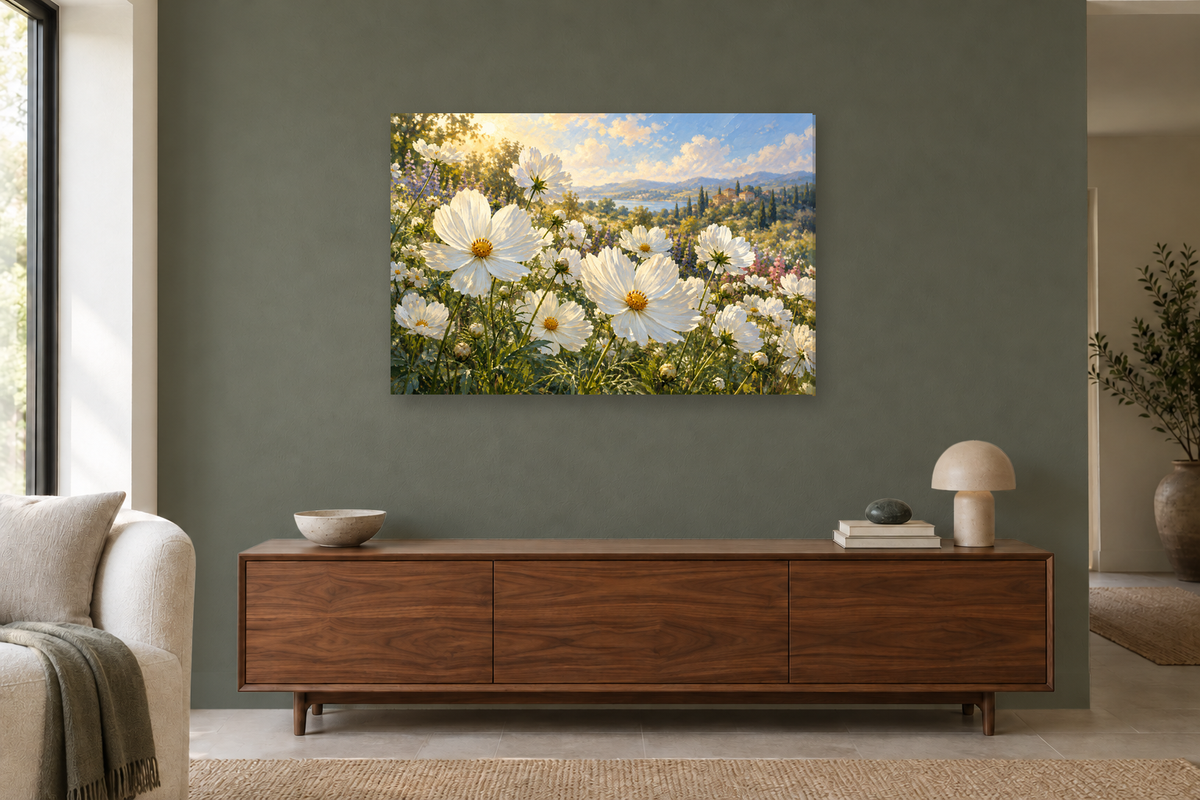 White Cosmos Field — horizontal canvas in a living room, full original artwork