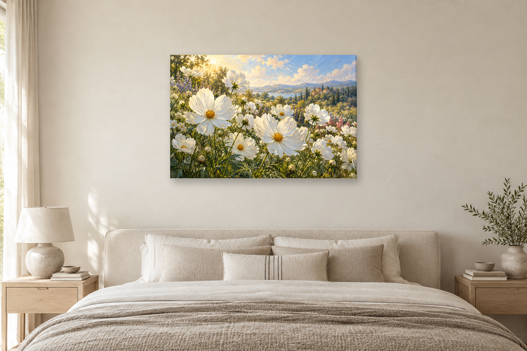 White Cosmos Field — horizontal canvas in a bedroom, full original artwork