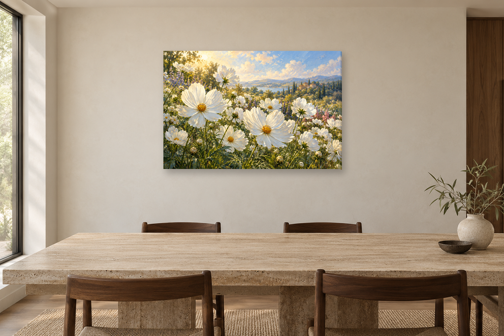 White Cosmos Field — horizontal canvas in a dining room, full original artwork