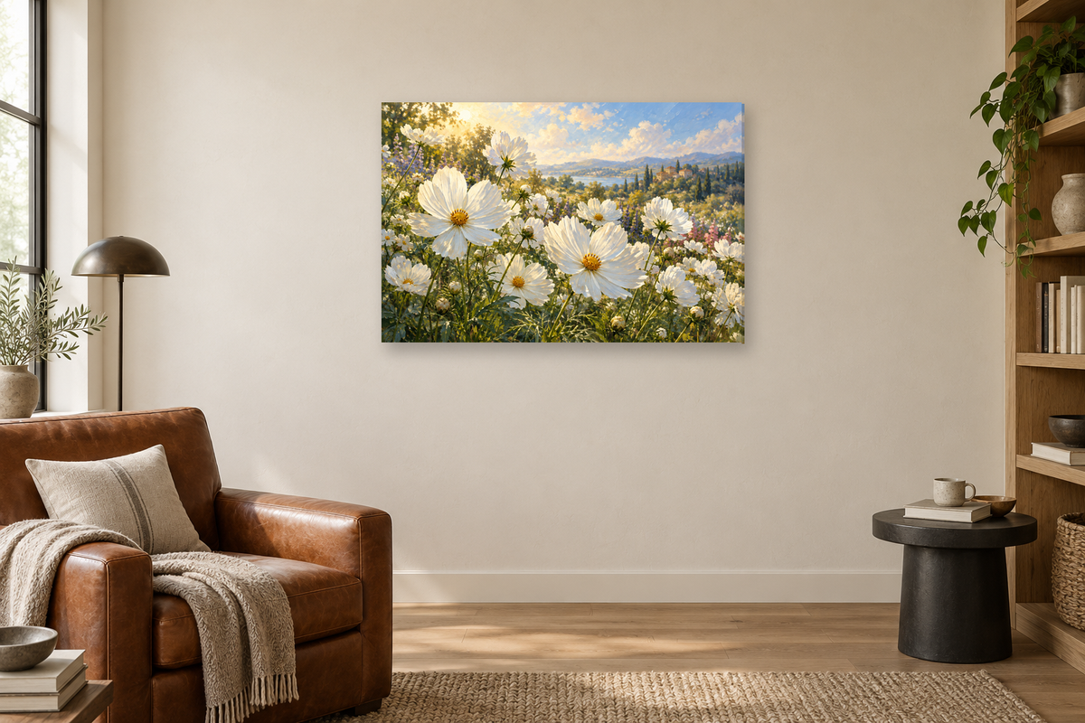 White Cosmos Field — horizontal canvas in a reading corner, full original artwork