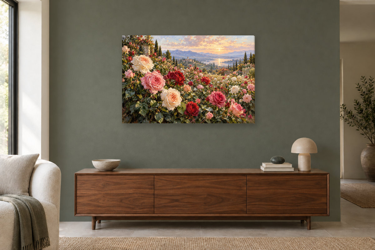Garden Rose Symphony — horizontal canvas in a living room, full original artwork