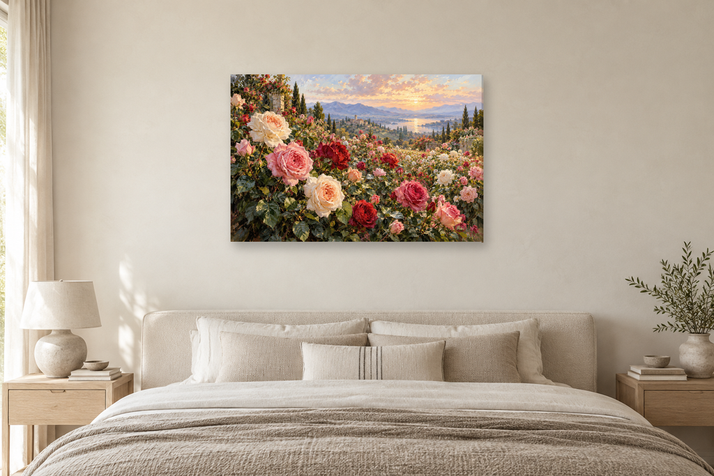 Garden Rose Symphony — horizontal canvas in a bedroom, full original artwork