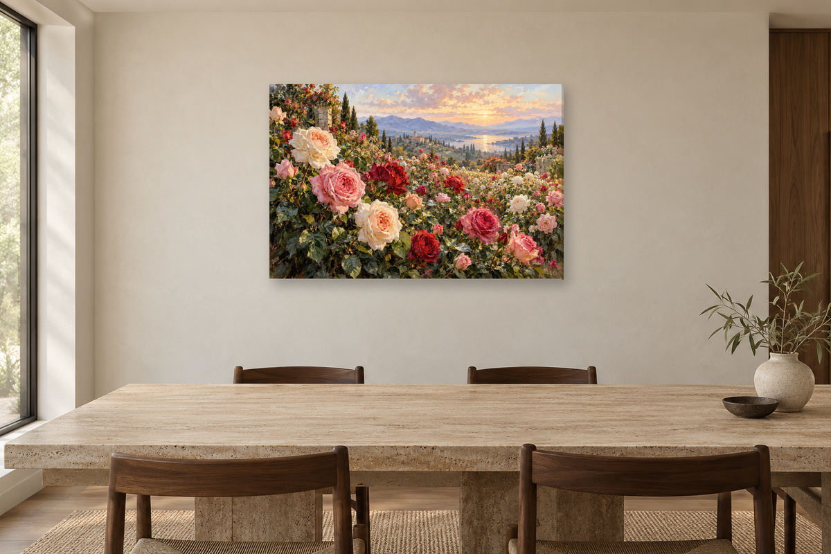 Garden Rose Symphony — horizontal canvas in a dining room, full original artwork