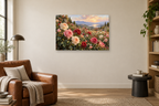 Garden Rose Symphony — horizontal canvas in a reading corner, full original artwork
