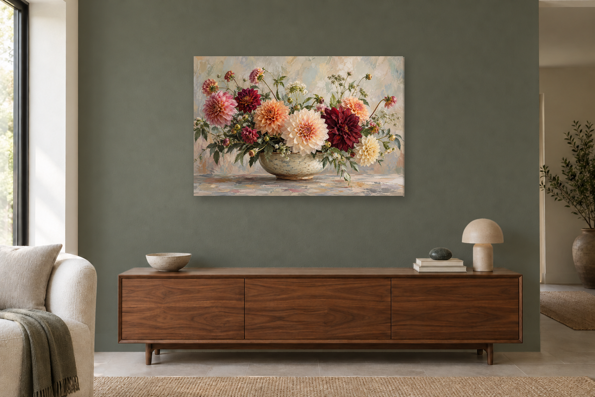 Dahlia Colour Story — horizontal canvas in a living room, full original artwork