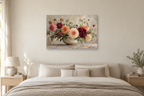 Dahlia Colour Story — horizontal canvas in a bedroom, full original artwork