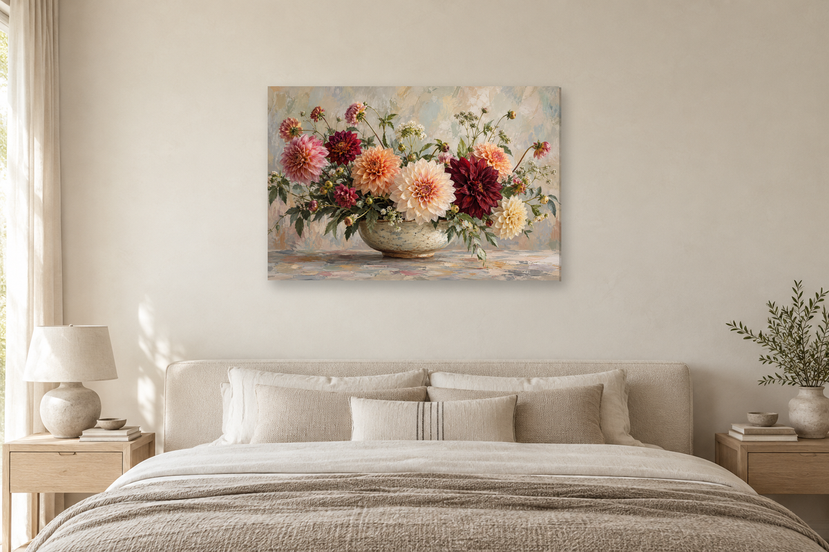 Dahlia Colour Story — horizontal canvas in a bedroom, full original artwork