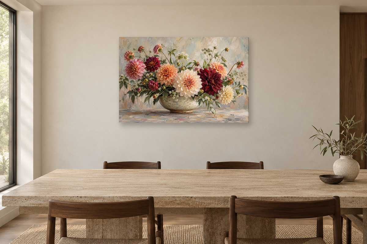 Dahlia Colour Story — horizontal canvas in a dining room, full original artwork