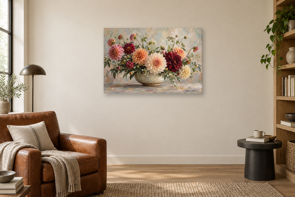 Dahlia Colour Story — horizontal canvas in a reading corner, full original artwork