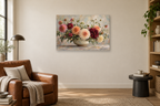 Dahlia Colour Story — horizontal canvas in a reading corner, full original artwork