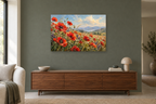 Wild Poppy Meadow — horizontal canvas in a living room, full original artwork
