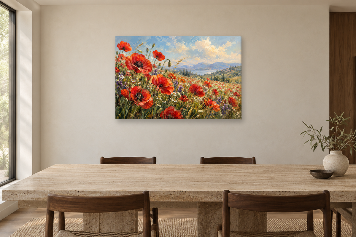 Wild Poppy Meadow — horizontal canvas in a dining room, full original artwork