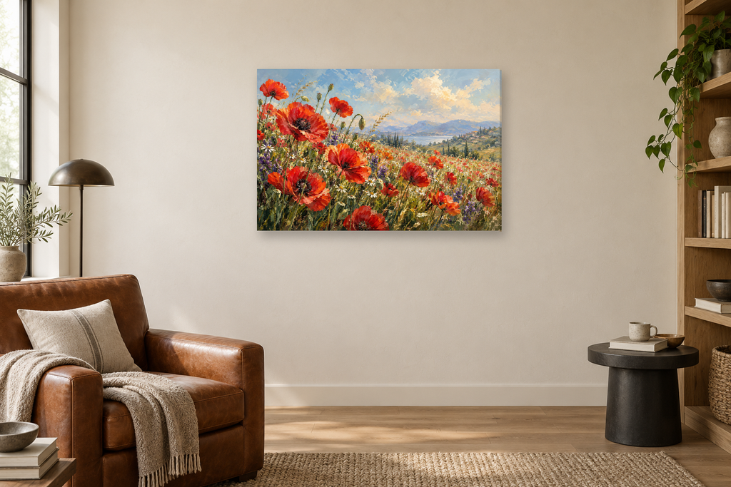 Wild Poppy Meadow — horizontal canvas in a reading corner, full original artwork