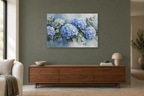 Hydrangea Blue — horizontal canvas in a living room, full original artwork