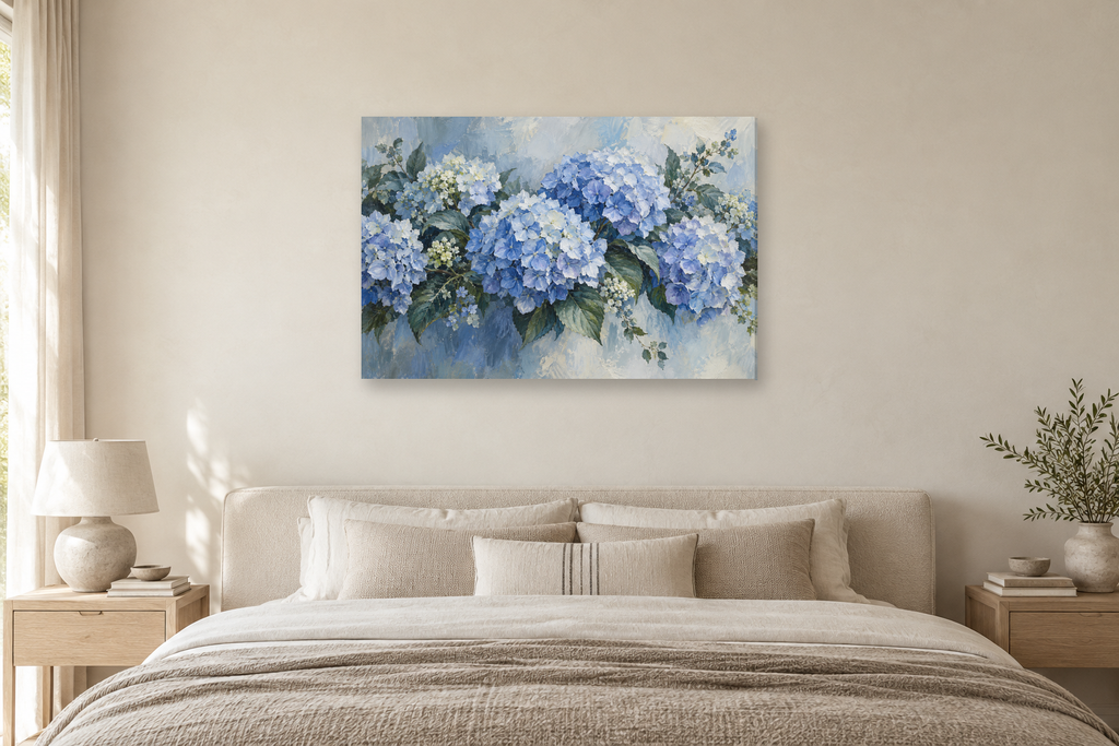 Hydrangea Blue — horizontal canvas in a bedroom, full original artwork