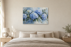 Hydrangea Blue — horizontal canvas in a bedroom, full original artwork
