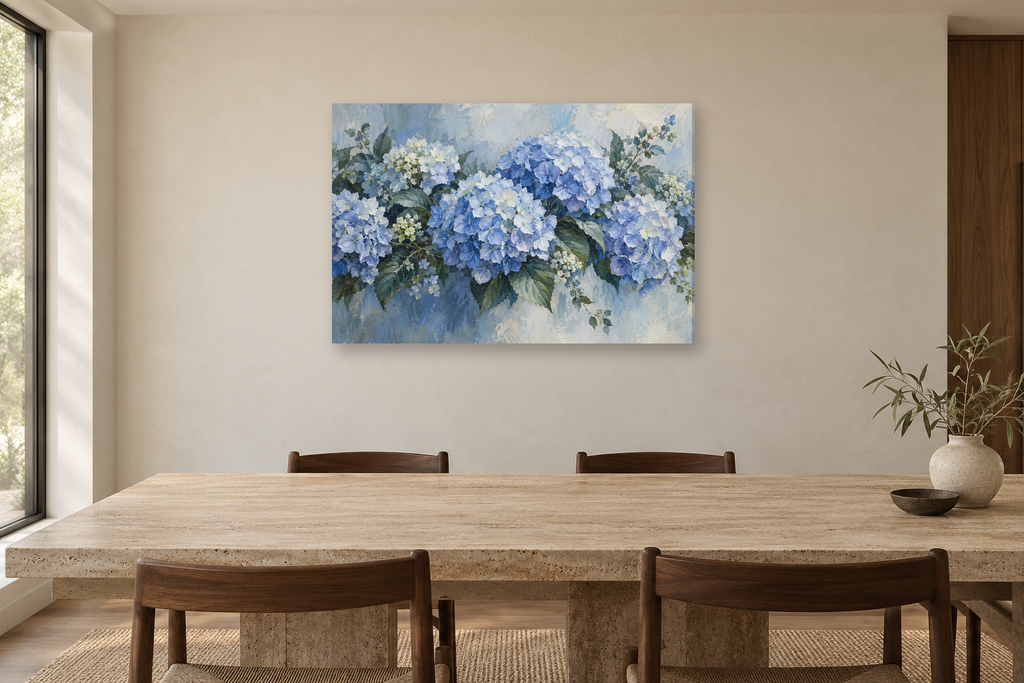 Hydrangea Blue — horizontal canvas in a dining room, full original artwork