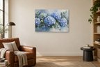 Hydrangea Blue — horizontal canvas in a reading corner, full original artwork