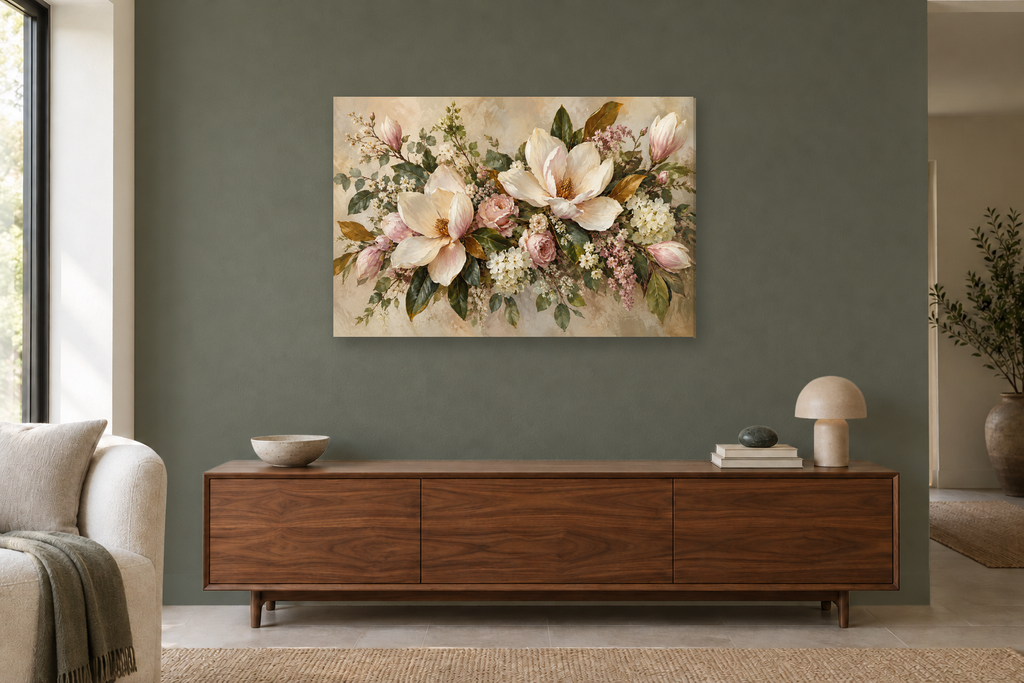 Magnolia Morning — horizontal canvas in a living room, full original artwork