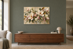 Magnolia Morning — horizontal canvas in a living room, full original artwork