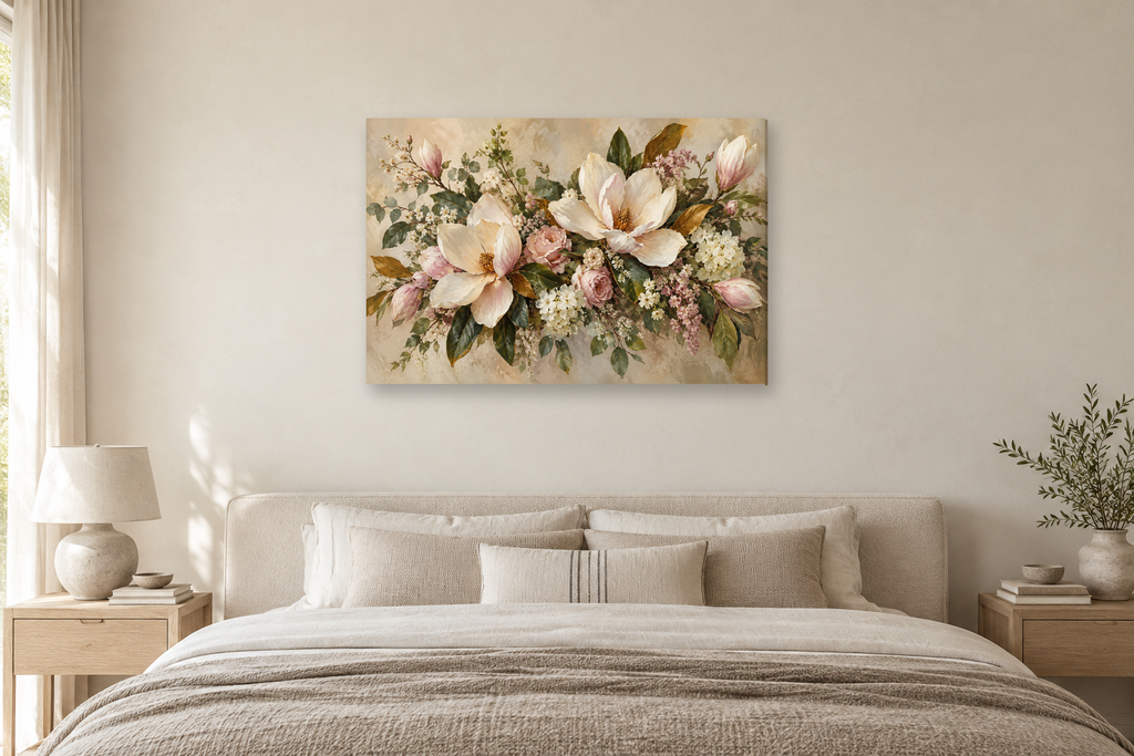 Magnolia Morning — horizontal canvas in a bedroom, full original artwork