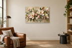 Magnolia Morning — horizontal canvas in a reading corner, full original artwork