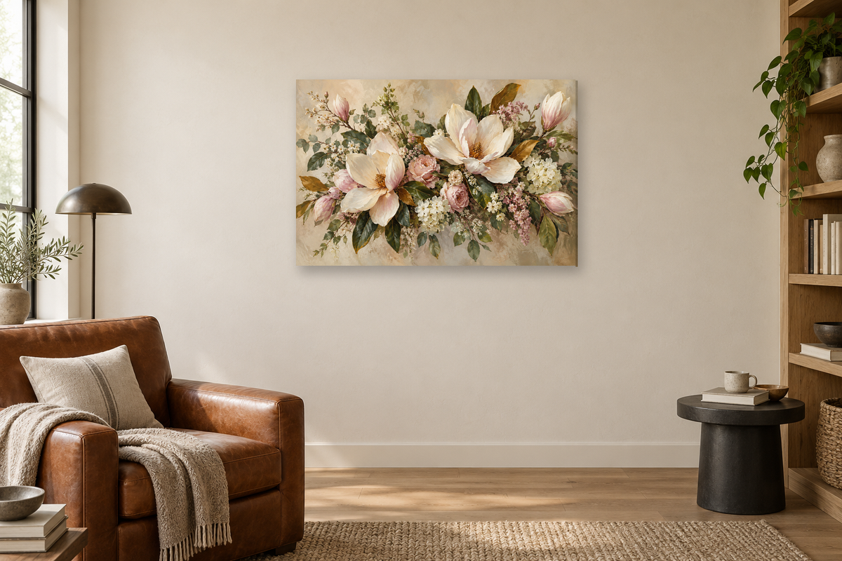 Magnolia Morning — horizontal canvas in a reading corner, full original artwork