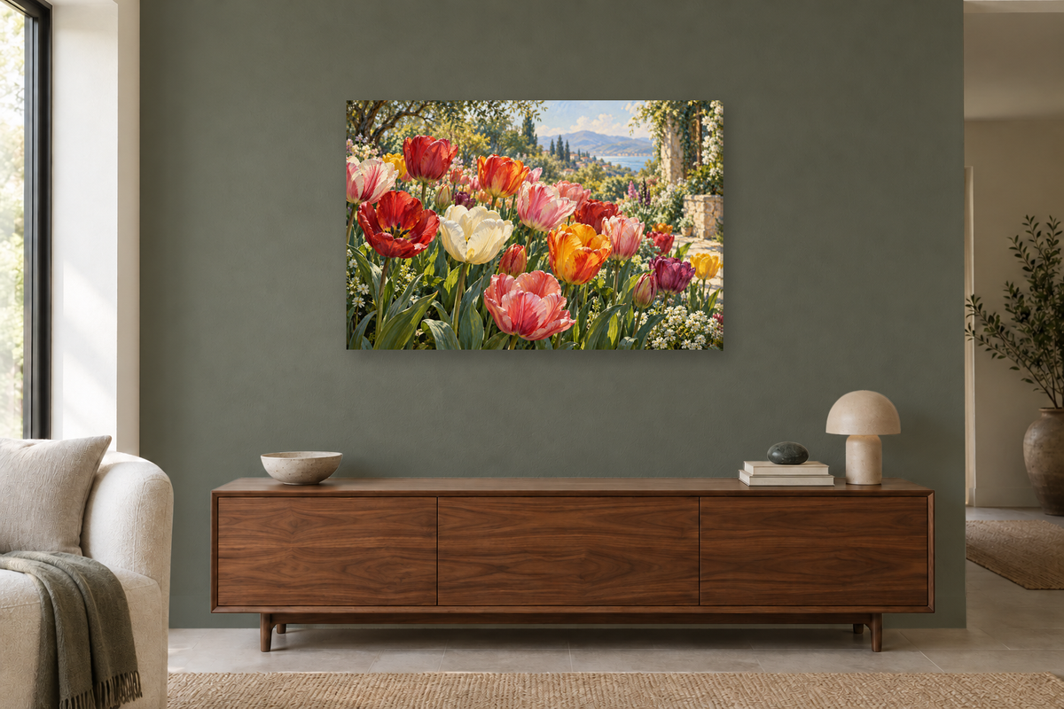 Tulip Gathering — horizontal canvas in a living room, full original artwork