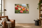 Tulip Gathering — horizontal canvas in a reading corner, full original artwork