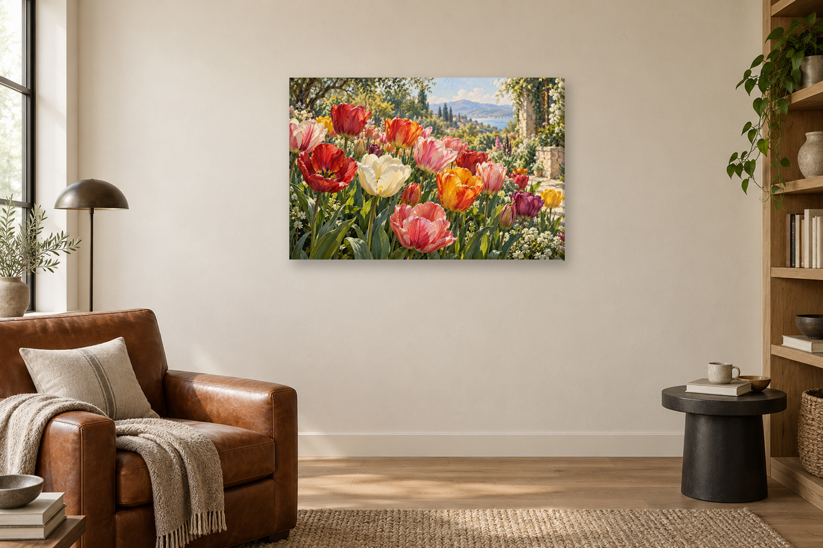 Tulip Gathering — horizontal canvas in a reading corner, full original artwork