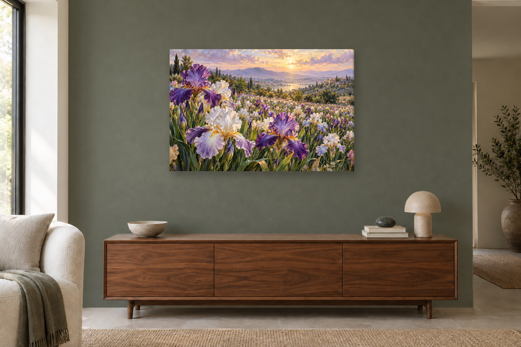 Iris In Light — horizontal canvas in a living room, full original artwork