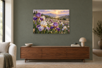 Iris In Light — horizontal canvas in a living room, full original artwork
