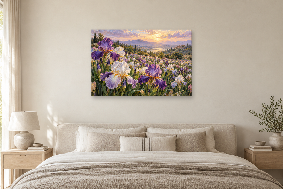 Iris In Light — horizontal canvas in a bedroom, full original artwork