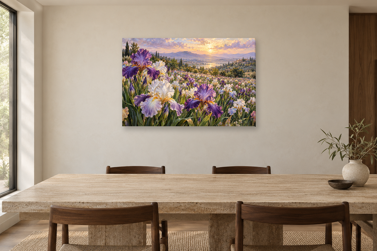 Iris In Light — horizontal canvas in a dining room, full original artwork