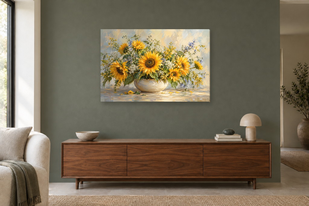 Sunflower Afternoon — horizontal canvas in a living room, full original artwork