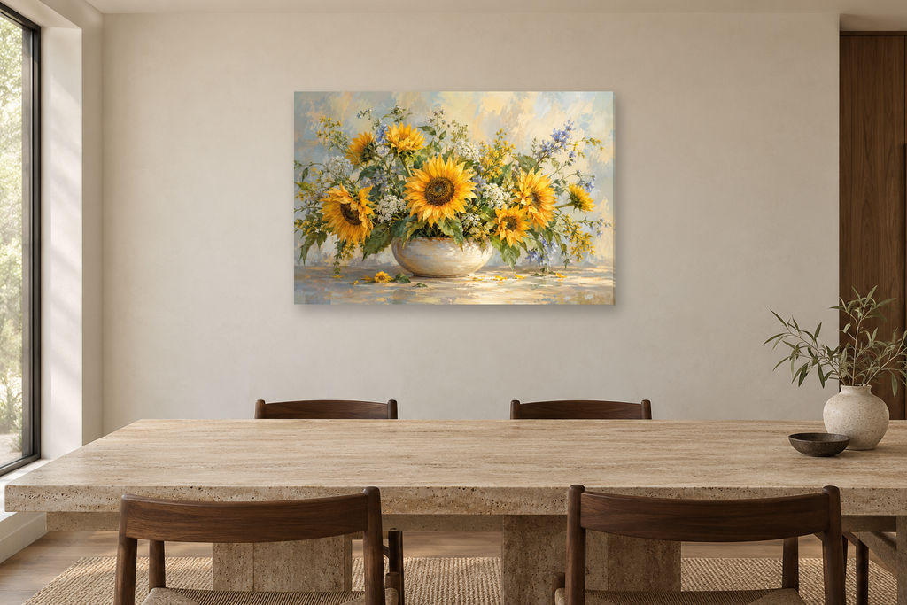 Sunflower Afternoon — horizontal canvas in a dining room, full original artwork