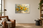Sunflower Afternoon — horizontal canvas in a reading corner, full original artwork