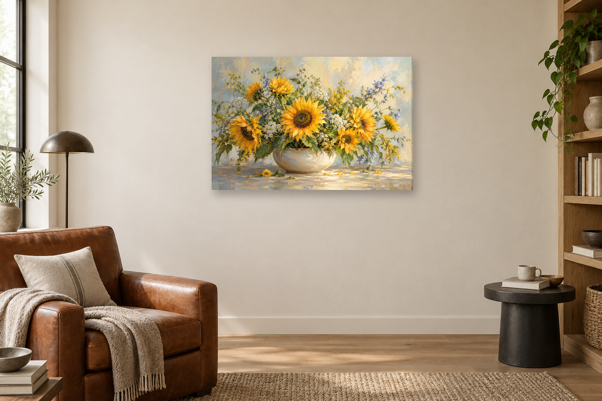 Sunflower Afternoon — horizontal canvas in a reading corner, full original artwork